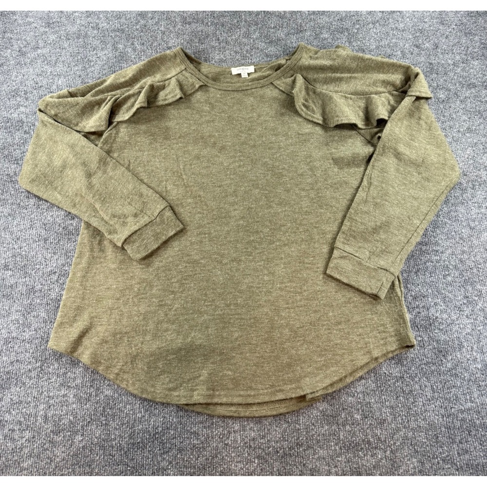 Umgee Womens Olive Green Ruffle Shoulder Long Sleeve Knit Top R7905 Size M